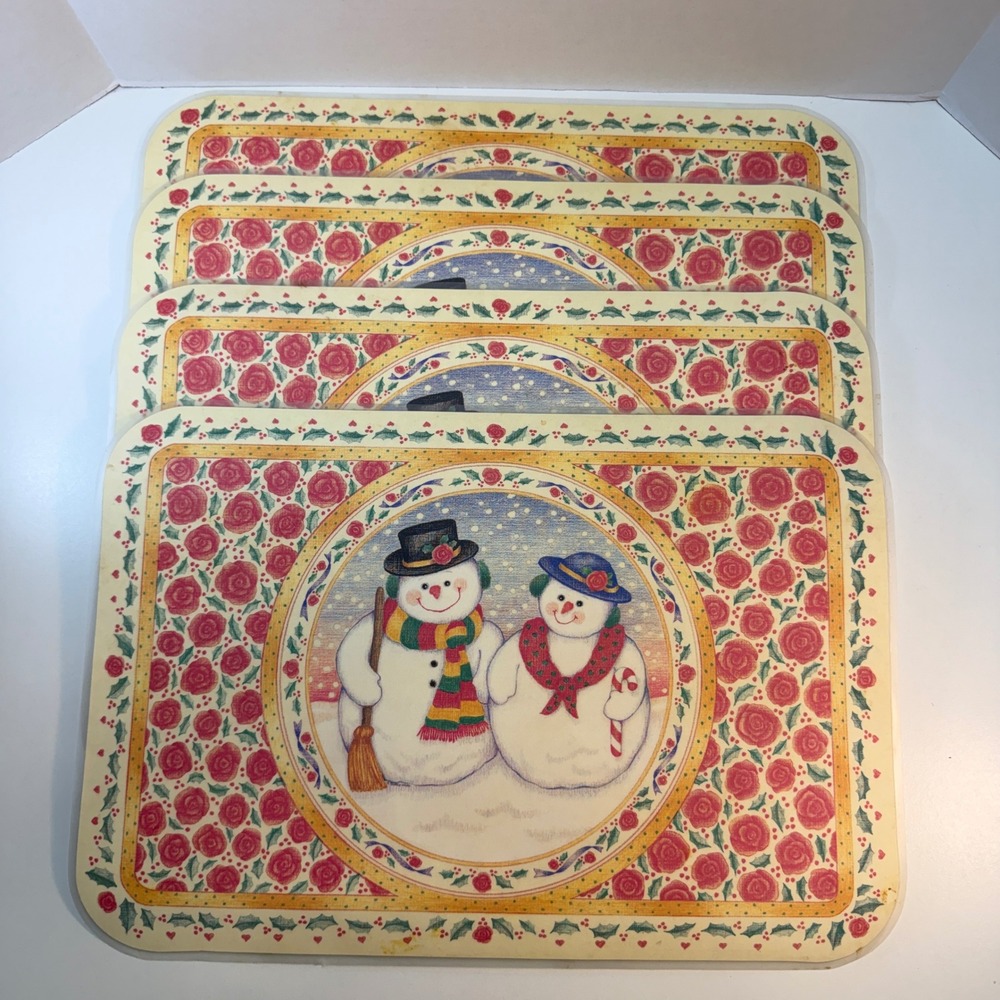 Christmas Placemats Set Of 4 Snowman Roses Red Green B Of A Inc 17x11.5 Vintage